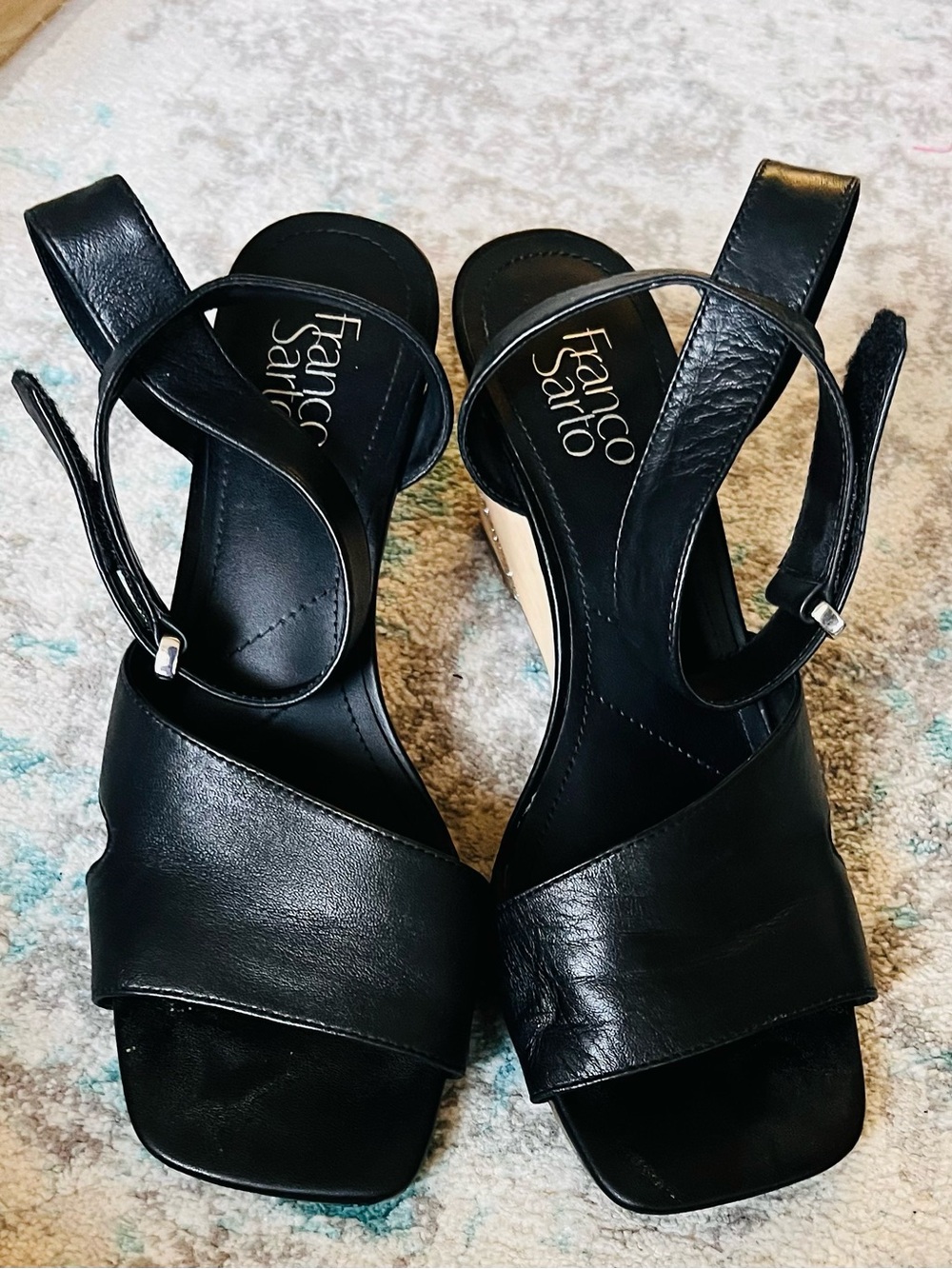 Franco Sarto Black ankle wrap wedge with silver accent : Sz 10